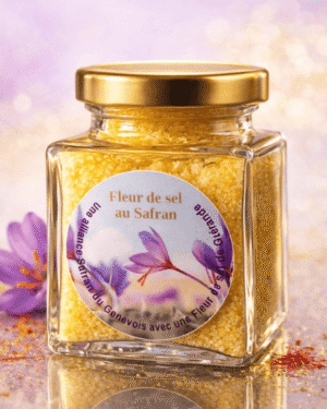 Vue sur un pot de fleur de sel de Guérande au Safran du producteur Safran du Genevois